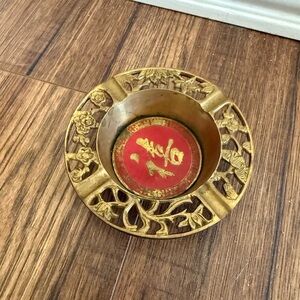 Vintage Chinese Brass Red  Ashtray Chinese Symbol Flower Cutouts Floral